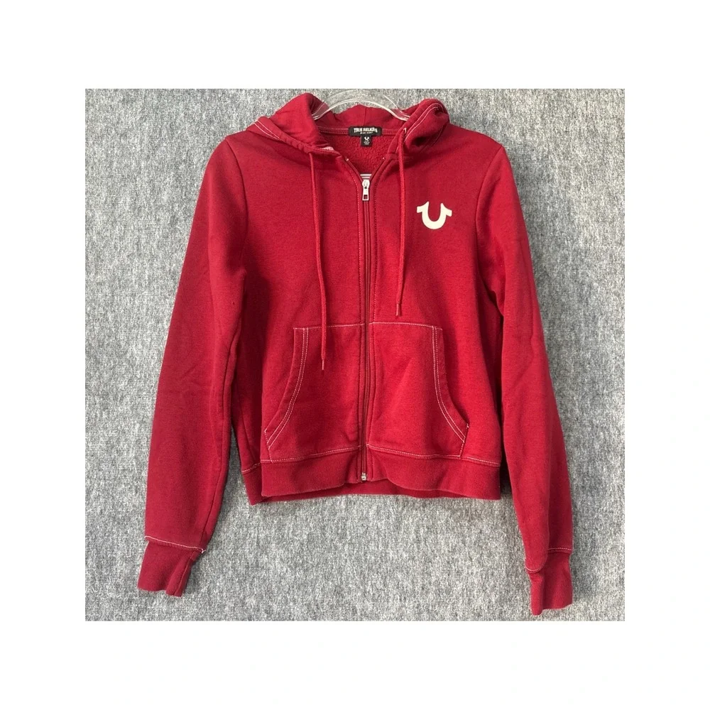 True Religion Mens Red Zip Up Hoodie World Tour Buddha Graphic Size L Large